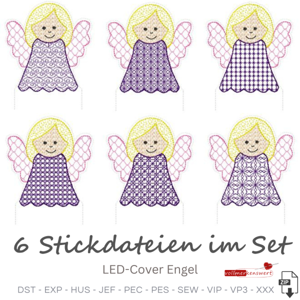 6 ITH-Stickdateien Engel LED-Cover für 10 x 10 cm Stickrahmen Schutzengel Set 2